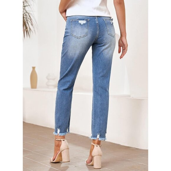 Women’s High Waisted Ripped Distressed Stretch Denim Ankle Jeans - Picture 4 of 6